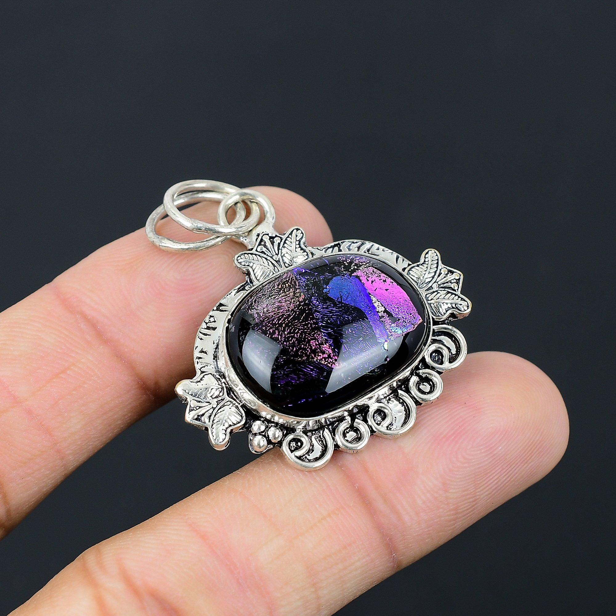 Natural American Dichroic Glass Gemstone Pendant 925 Sterling Silver For Girls