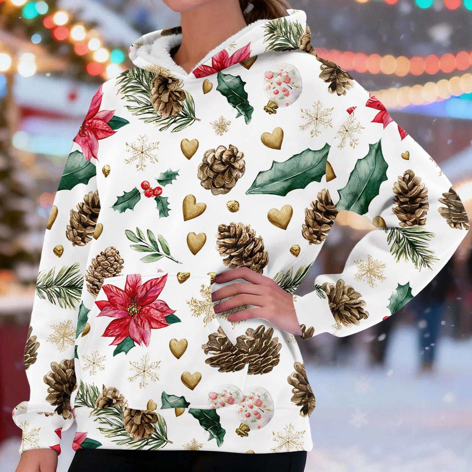 

Women s Fashionable Casual Long-Sleeved Christmas Print Fleece-Lined Thick Hooded Sweatshirt L білий