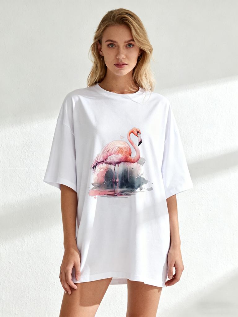 Oversized T Shirt Black Flamingo Print Summer Casual Wear