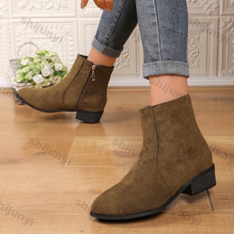 Fashion Women's Fashion Thick Heel Boots Autumn Winter New Round Head Thick Sole Non-slip Short Boots Size Zipper Suede Short Booties