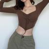 Damen V-Ausschnitt Langarm Crop Top Enganliegend Sexy Stil Raffung Kordelzug Korsett T-Shirt Polyester Herbst Streetwear Lässiges Oberteil