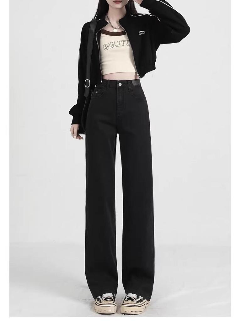 Women's High-Waisted Straight-Leg Black Jeans with Plus Velvet - Slimming & Wide-Leg, Petite Fit, Spring/Autumn 2025.
