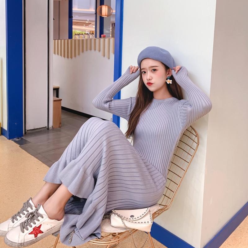 Long Sleeve Sweater Dress Women Maxi Dress Knit Fishtail Long Winter Knitted Dresses Clothes Ruffelss Women Clothing