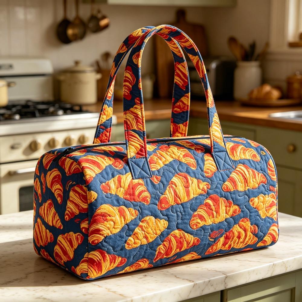 Quilted Travel Handbag Bold Croissant Print Weekend Bag Bohemian 3D Leisure Travel Fitness Vibrant French Croissant Graphic on A Navy Blue Background 16''x8''x8''