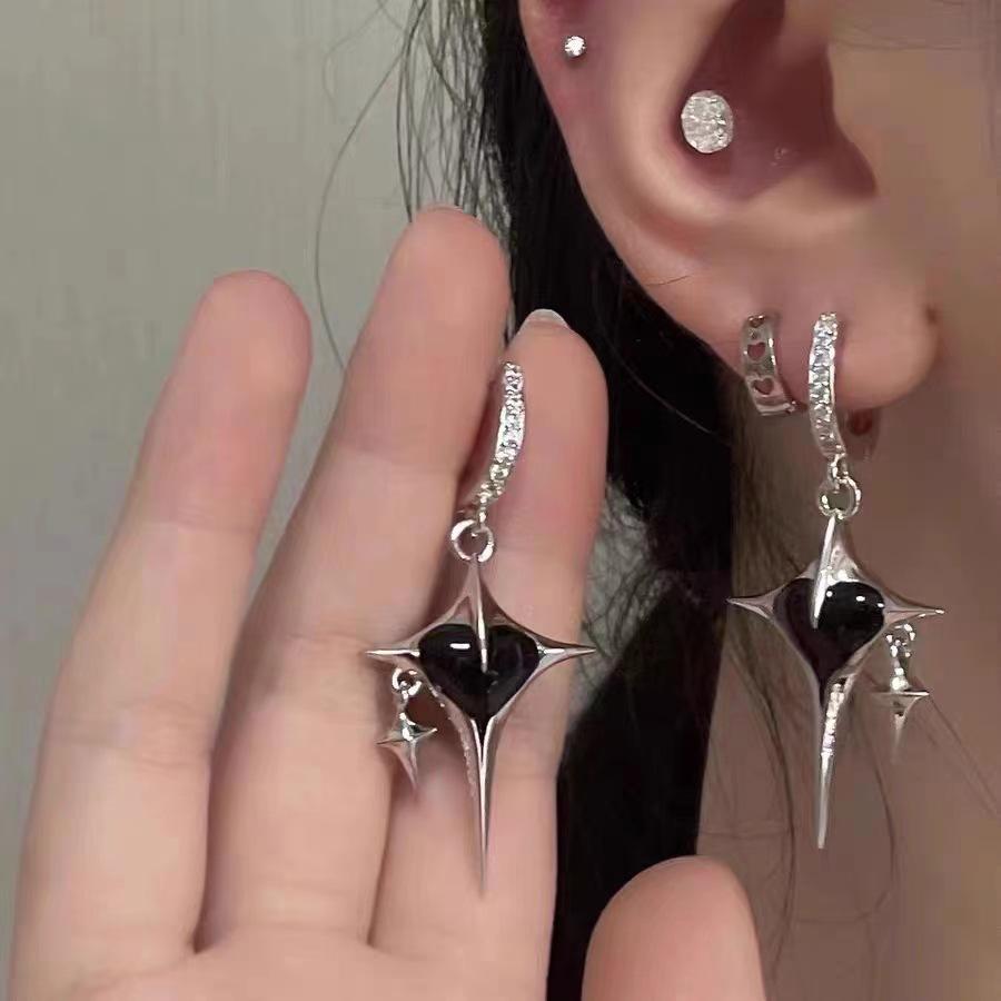 New Design Metal Cross Star Earrings Sweet Cool Black Zircon Heart Earrings for Women Young Girl Trend Personality Jewelry