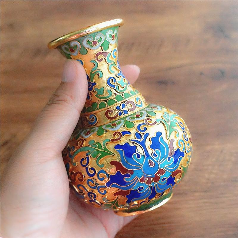 Vintage Cloisonne Vase Traditional Handmade Copper Wire Enamel Craft Golden Base Home Decor
