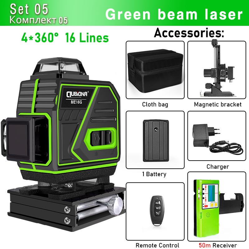 CLUBIONA 4D 16 Linien Laser Level 1PC oder 2PC Li-Ion Batterie Remote Pulse Mode Empfänger Super leistungsstarker grüner Strahl Professioneller Laser