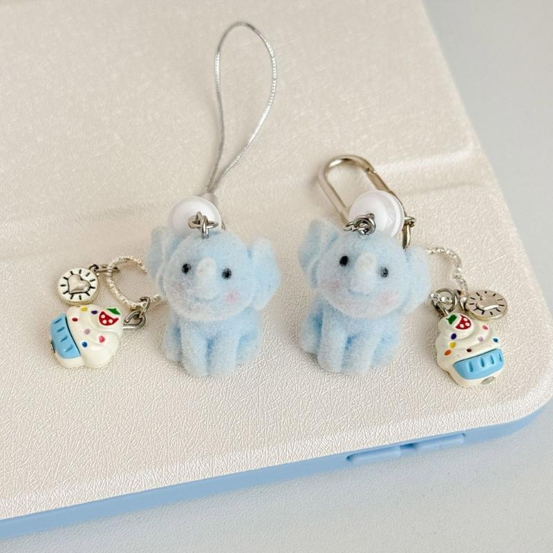 Soft Flocking Blue Elephant Keychain Lovely Animal Designs Sturdy Keyring for Kids Adults