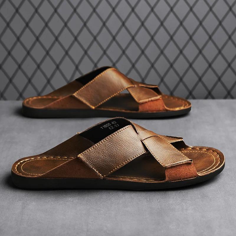 Fashion Men Flat Designer Soft Bottom Sandals Fashion Breathable Trendy All-match Lightweight Casual Leather Sandals Summer Walking Shoe