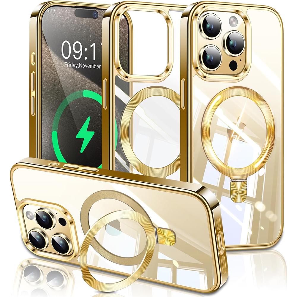 For iPhone 15 Pro Max Magnetic Case Electroplated TPU+PC Kickstand Clear Back Phone Cover