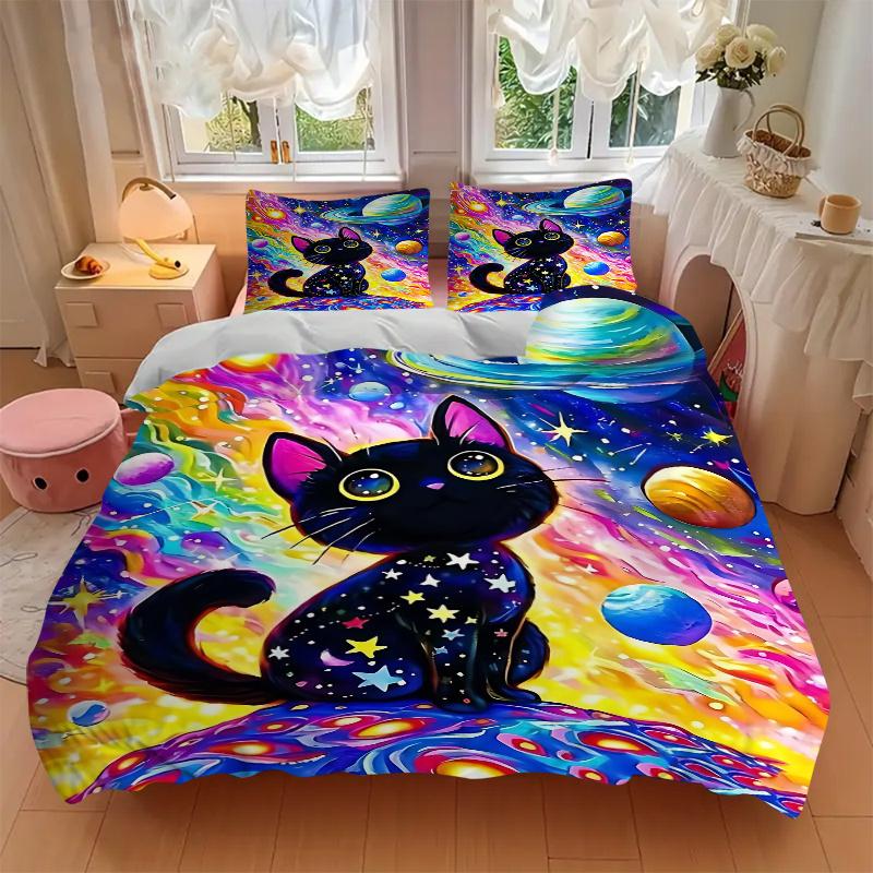 3pcs Cosmic Cats Art Printed Quilt Set - Soft and Comfortable Quilt Cover for Bedroom, Guest Room and Dormitory Decorative Bedding Set N022