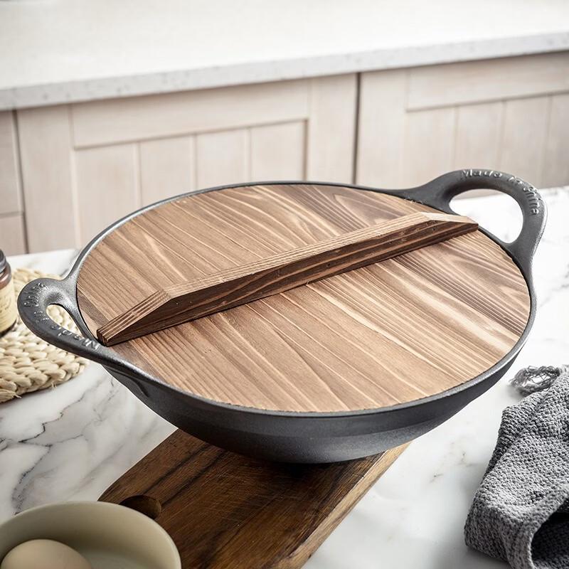 Wutuo 36 см Глубокий чугунный вок с деревянной крышкой