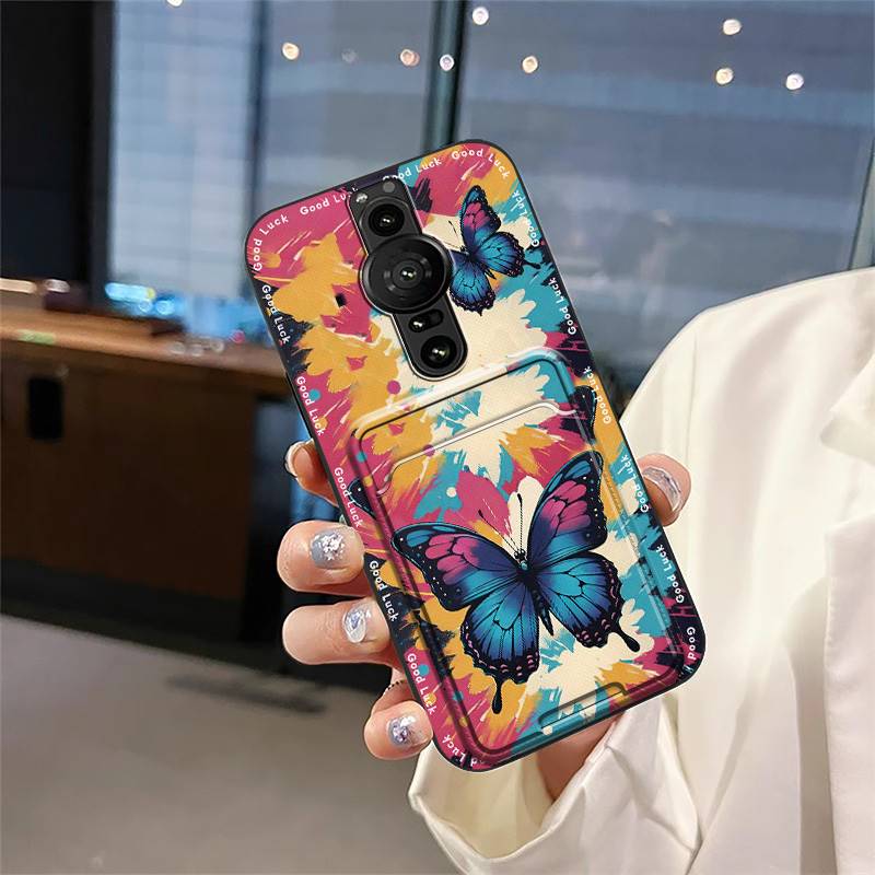Anti-knock Full Wrap Phone Case For Sony Xperia Pro-I Cute Back Cover Anti-dust Card Slot Card Bag Graffiti Soft Case