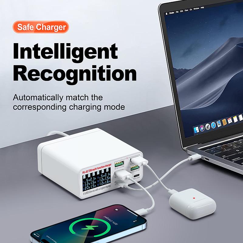 6-Port USB Fast Charger with Digital Display for Phones, Tablets, and Laptops