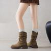 Krazing Pot Cow Suede Nubuck Winter Round Toe Western Boots Med Heels Pleated Decoration Women British School Mid-calf Boots
