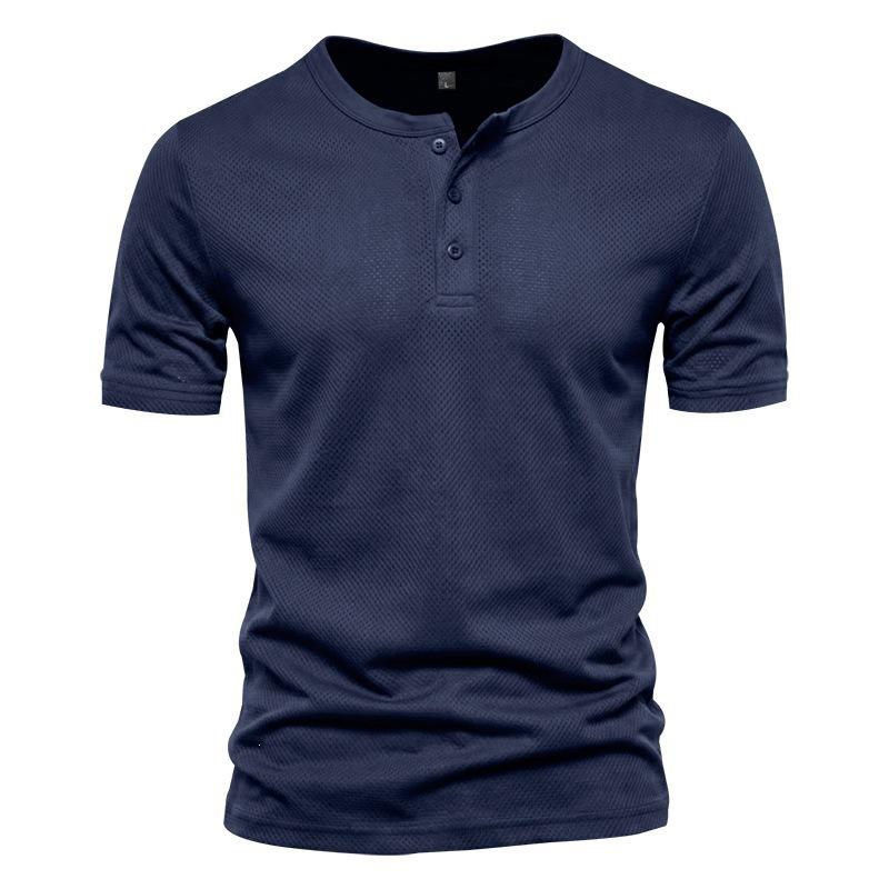 Men’s Summer Quick-Dry Mesh Henry-Neck T-Shirt – Casual Plain Short-Sleeved