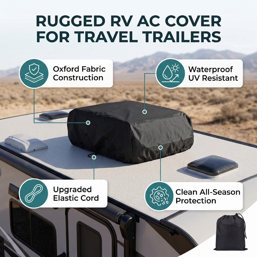 RV Air Conditioner Cover with Storage Bag Windproof Dust Proof Water Proof Travel Trailer Top AC Cover Black