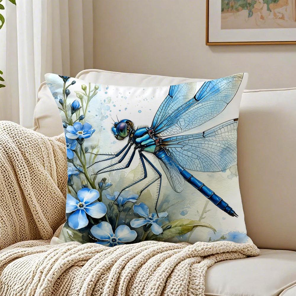 Watercolor Dragonfly And Flower Pillow Case Organic Short Plush Cushion Covers Breathable Washable WrinkleResistant