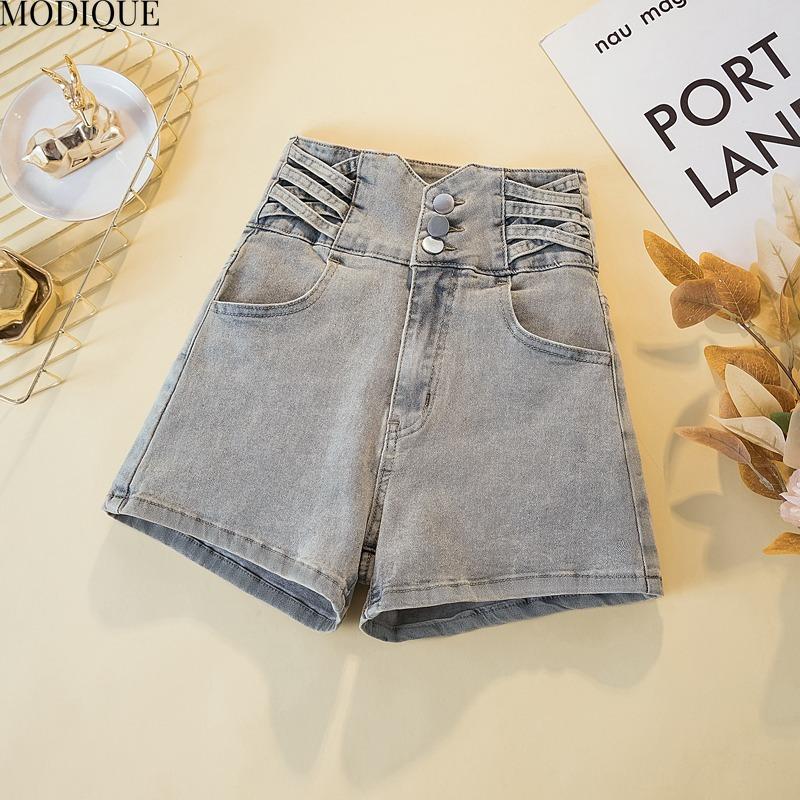 

MODIQUE 2025 Новые летние женские повседневные винтажные шорты-трапеции из денима, эластичные джинсы, свободные классные брюки с высокой талией S серый