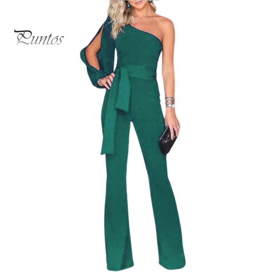 Salopetă de vară, primăvară, pentru femei, cu un umăr, cu o singură mânecă despicată, cu dantelă, talie strânsă, picior lat, culoare pură, stil formal, petrecere, bal, banchet, salopetă lungă