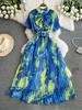 Holiday style French floral smudge dress women's summer new lace-up waist thin elegant pleated chiffon skirt