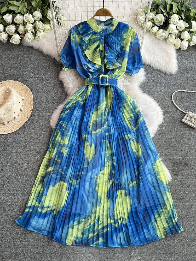 Holiday style French floral smudge dress women's summer new lace-up waist thin elegant pleated chiffon skirt