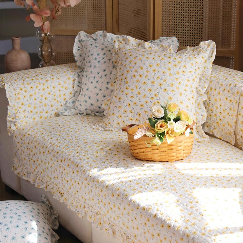Spring and Summer Pastoral Small Fresh Floral Sofa Cushion for All Seasons Non-slip Cotton Fabric Seat Cushion