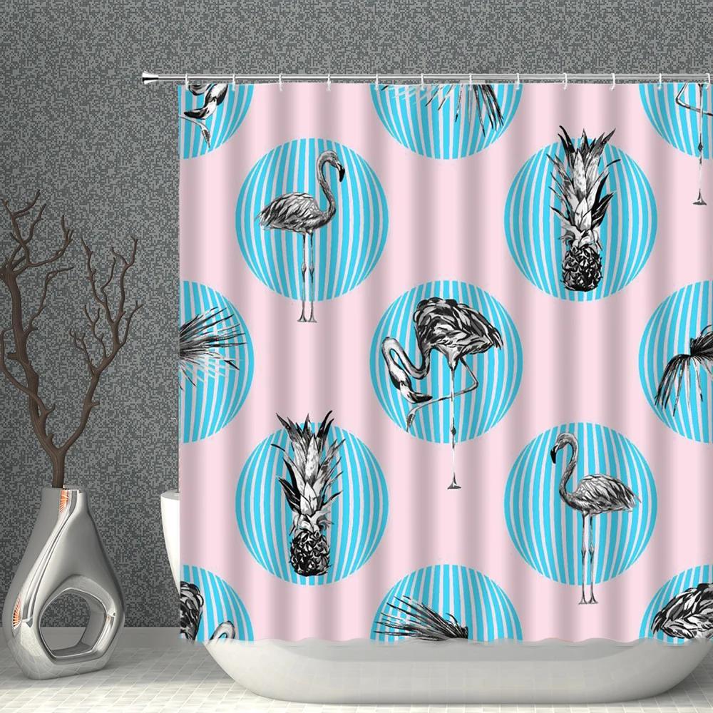 Pink Flamingo Shower Curtain Waterproof Fabric Black Background Tropical Plant Flamingos Print Bathroom Curtains Set Bath Screen