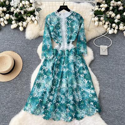 Jeseň Vintage Čipka Diera Kvetinová Potlač Šaty Dámske Stojatý Golier Výšivka Elegantné Vysoký Pás Slim Spoločenské Šaty