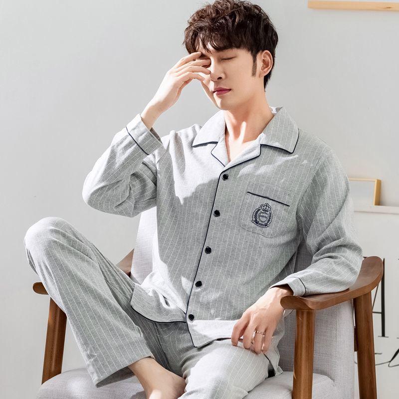 Men's Loose-Fit Pure Cotton Pajama Set: Long Sleeve Cardigan & Pants for Spring/Autumn