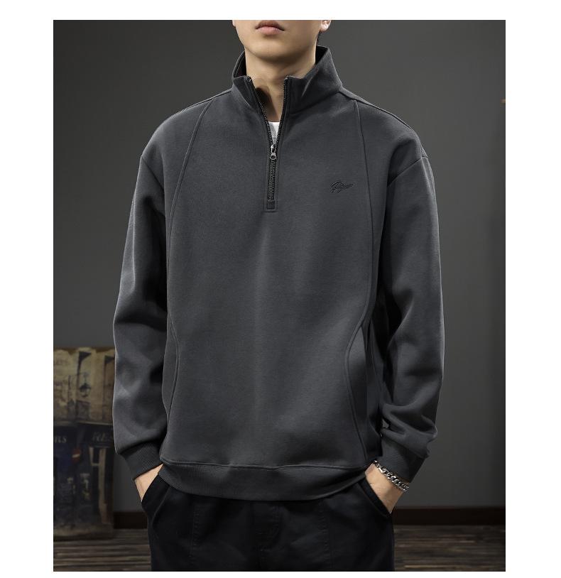 Heren Herfst Retro Geborduurde Zware Half-Ritssluiting Losse Pasvorm Opstaande Kraag Hoodie Pullover