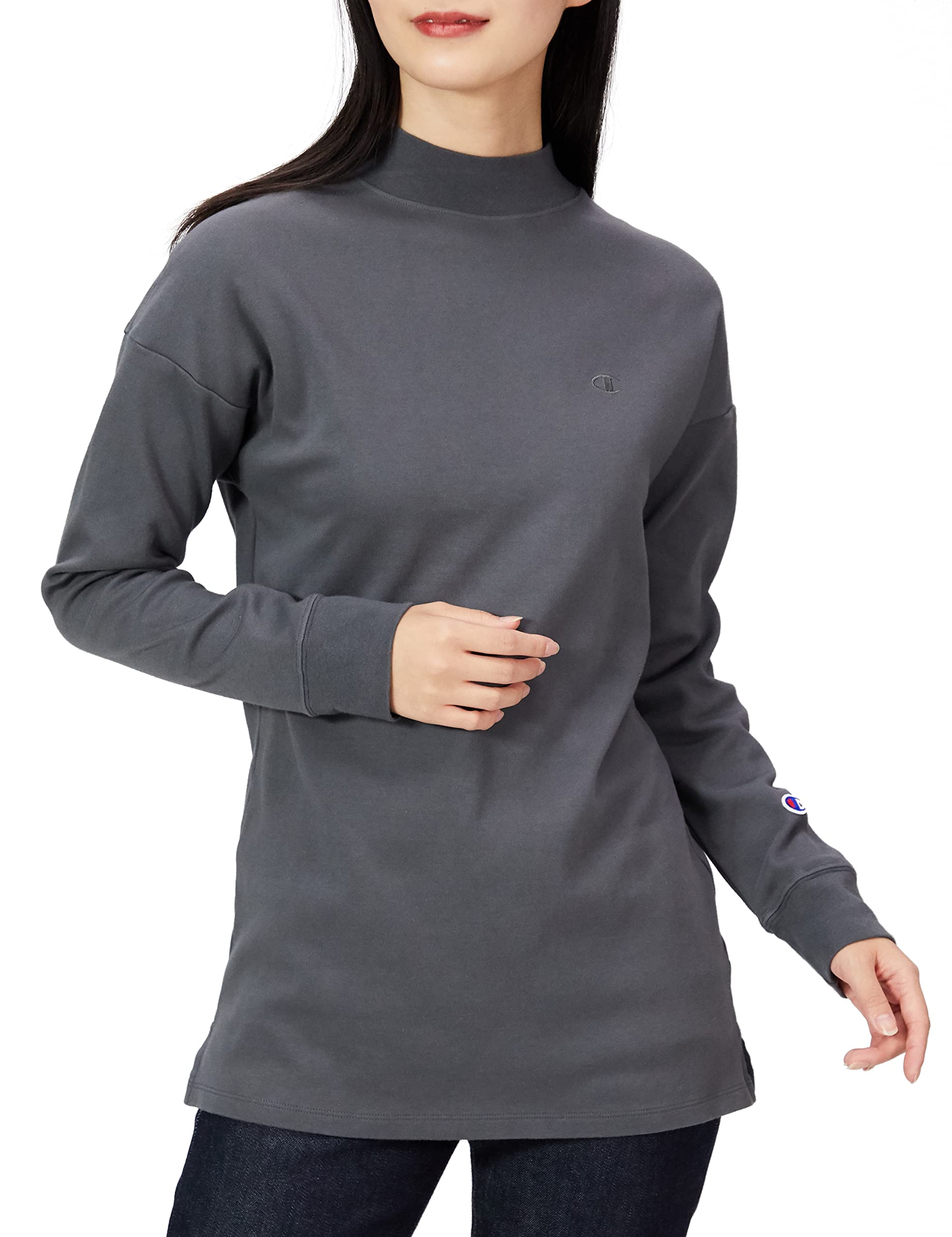 

Champion Basic Mock Neck Long Sleeve with Size L Women s T-Shirt One-Point Logo, Charcoal, (CW-U416)