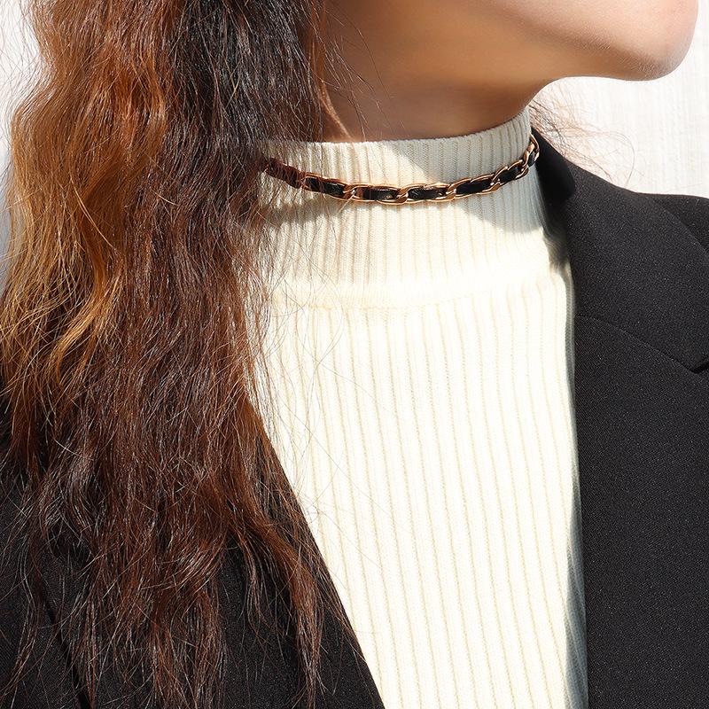 18K Gold-Plated European Hip Hop Leather Rope Chain Necklace for Women (P884)
