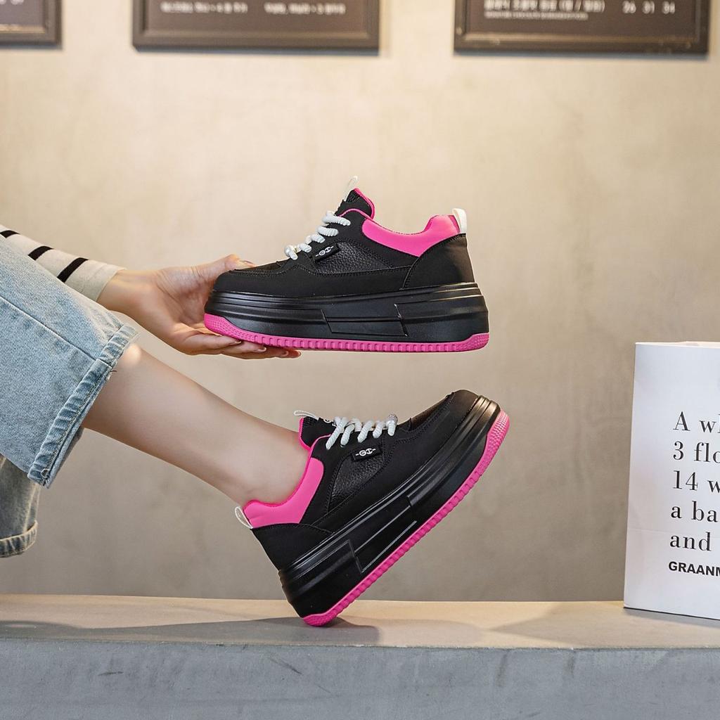 Leather color matching women's shoes spring new women's single shoes versatile platform lace-up casual student women's board shoes