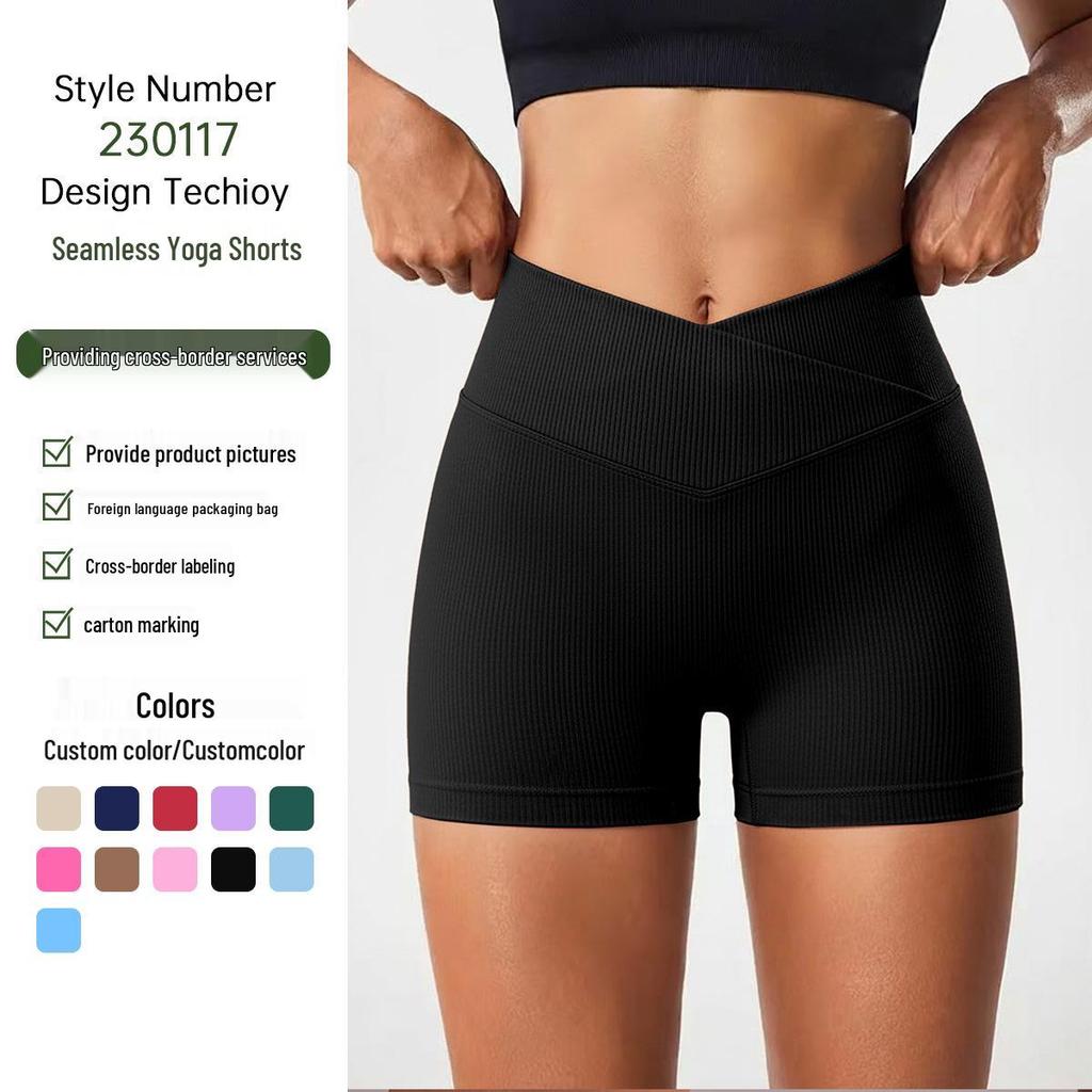 Women's Cross Waist Elastic Yoga Shorts with Peach Hip Design - Three-Quarter Length, Perfect for Running and Fitness