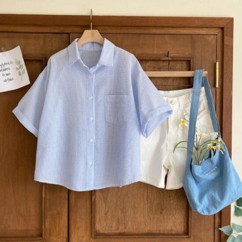 New Arrivals Open Run Women Summer Loose Fit Pocket Striped Short Sleeve Shirt