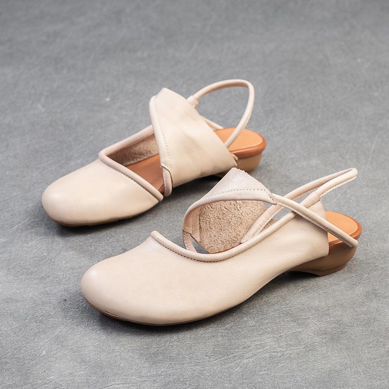 Johnature Genuine Leather Round Toe Comfortable Low Heel Sandals Casual Versatile Women's Shoes