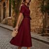 Damen Polka Dot V-Ausschnitt Knopfleiste Kleid mit Taillengürtel Kurze Ärmel Midi Kleid Lässig Eleganter Stil