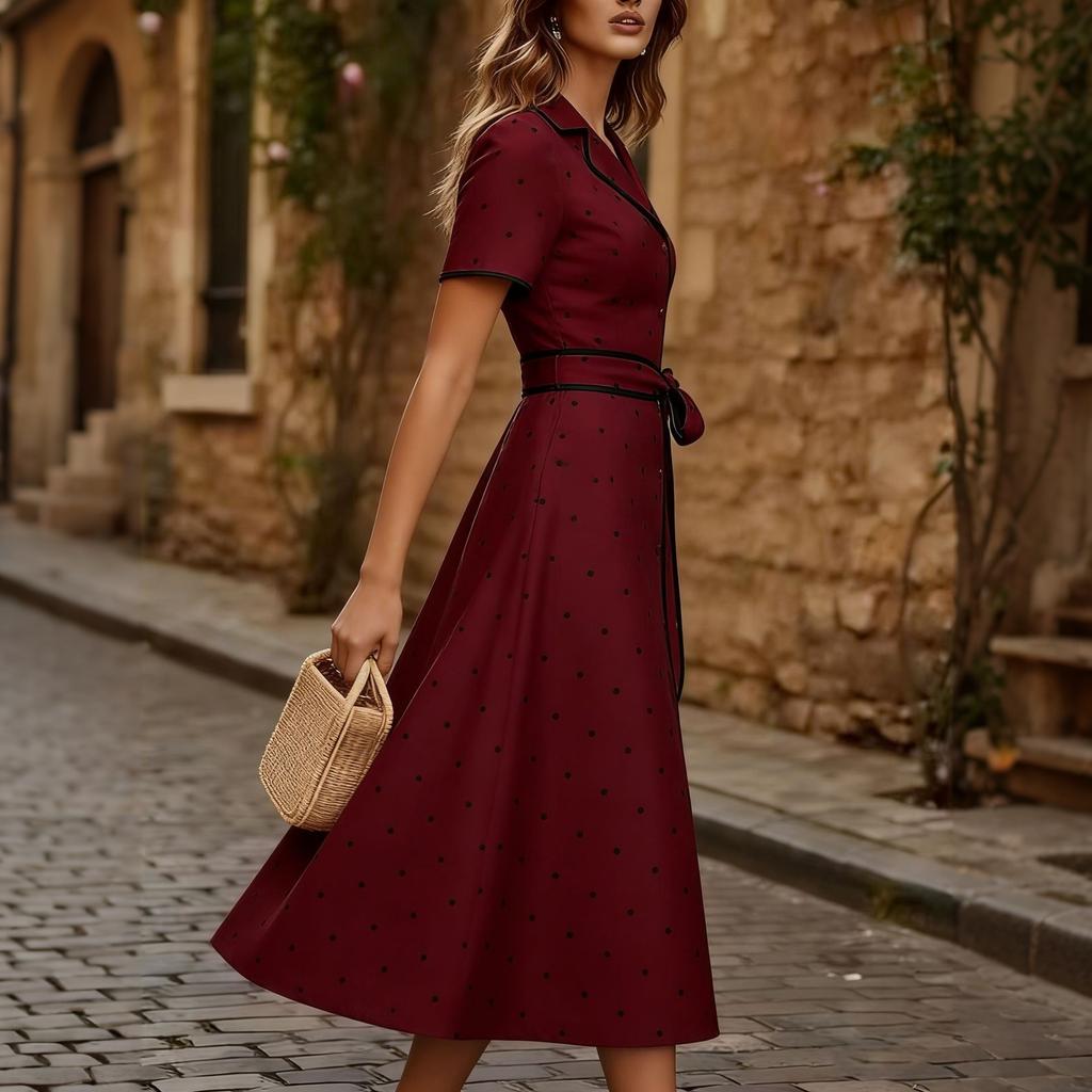 Damen Polka Dot V-Ausschnitt Knopfleiste Kleid mit Taillengürtel Kurze Ärmel Midi Kleid Lässig Eleganter Stil
