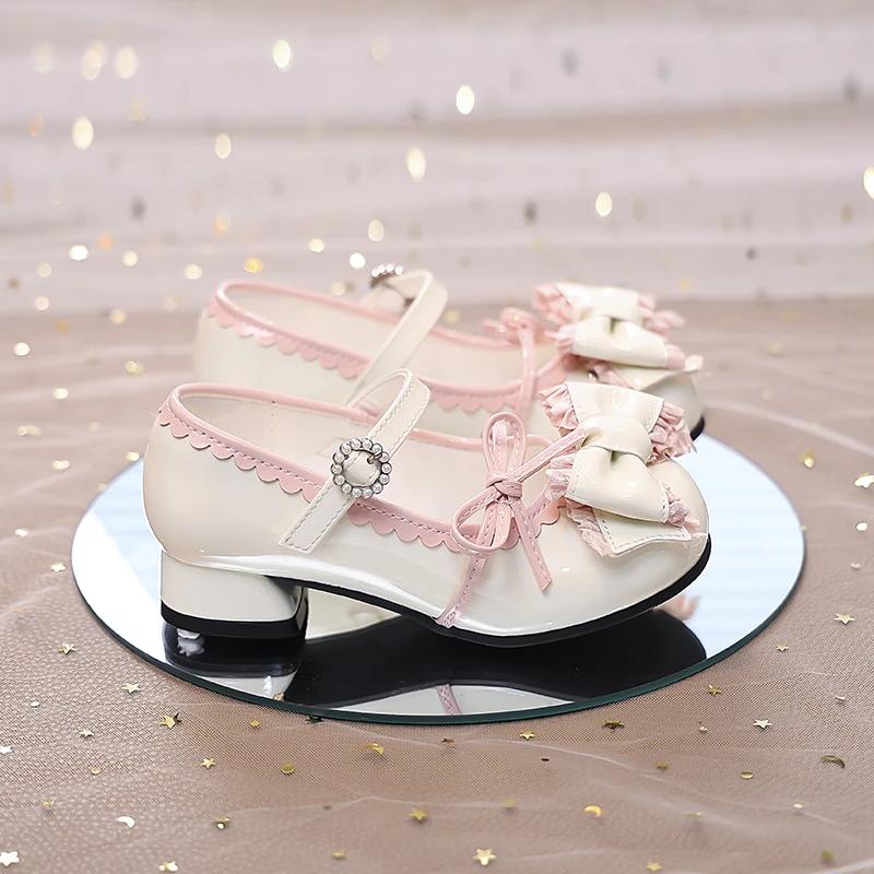 

Girls High Heeled Dress Shoes Princess Chic with Double Bow-knot Kids Princess Wedding Party High Heels Fashion Leather Shoes 26 бежевый