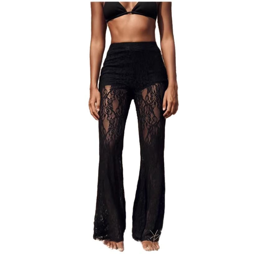 2026 European Style Sexy High-Waisted See-Through Lace Flare Pants for Women Large