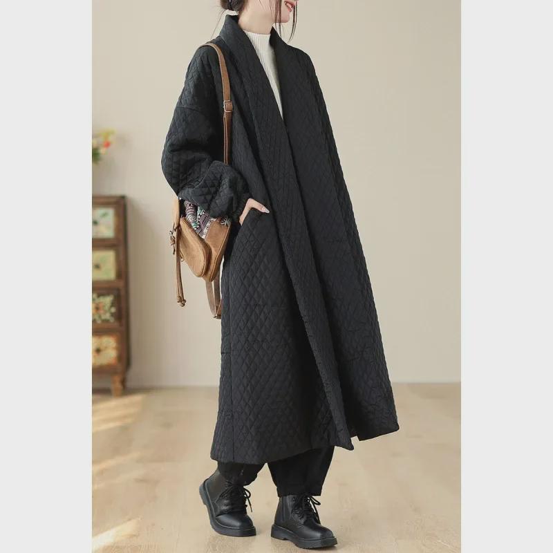 Winter 2023 European Loose-Fit Diamond-Patterned Cotton Jacket for Women - Large Size