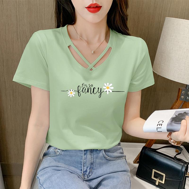2025 Women's Korean Style V-Neck Short-Sleeve Solid Color T-Shirt