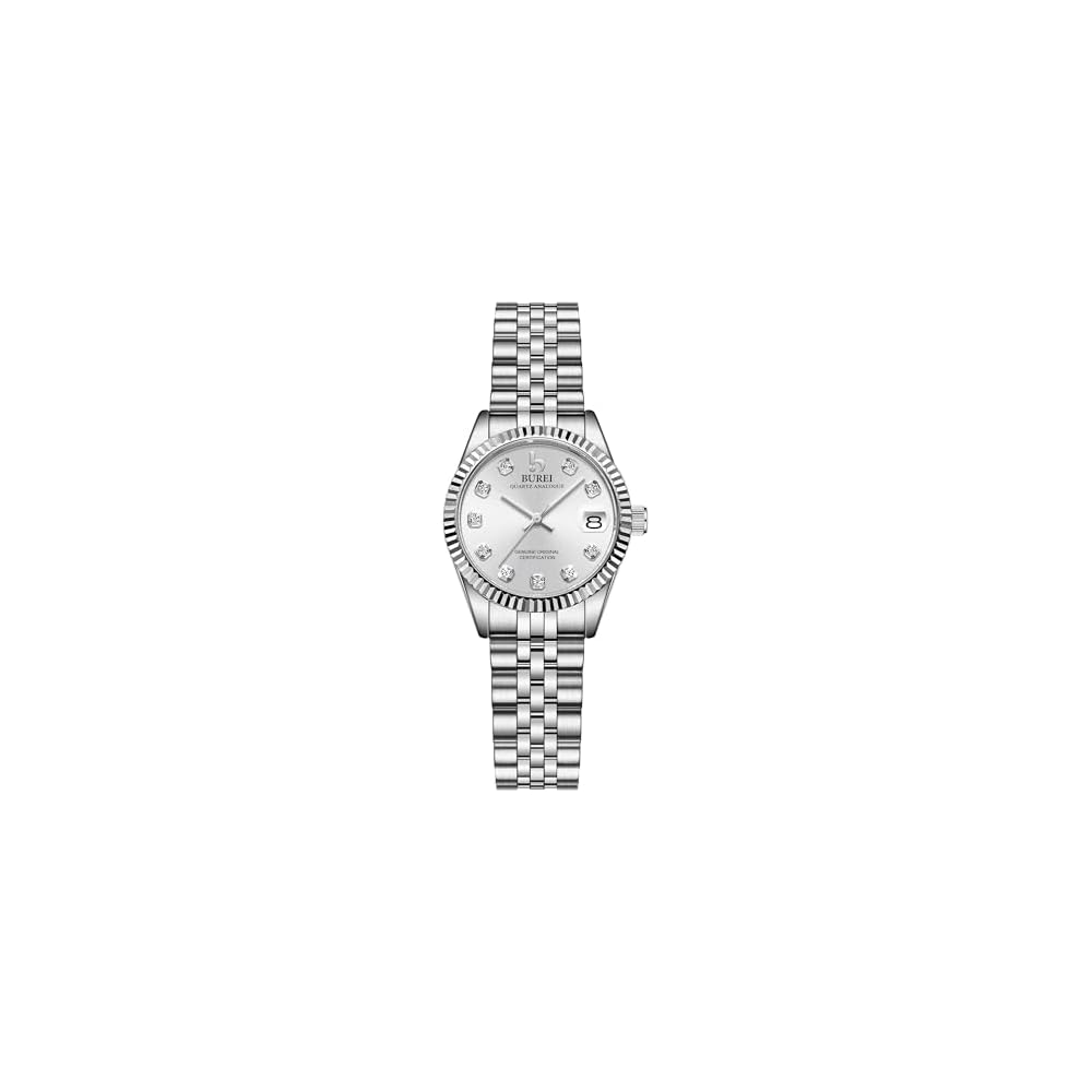 BUREI Women s Analog Quartz Watch Silver Stainless Steel Waterproof Diamond Dial Business Style