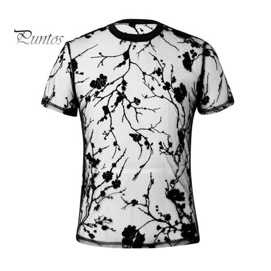 

Мужской клубный топ с прозрачной сеткой, вышитыми цветами, круглым вырезом, ультратонкими короткими рукавами, облегающей посадкой, для вечеринок, выступлений, барменов, распутниц S чёрный