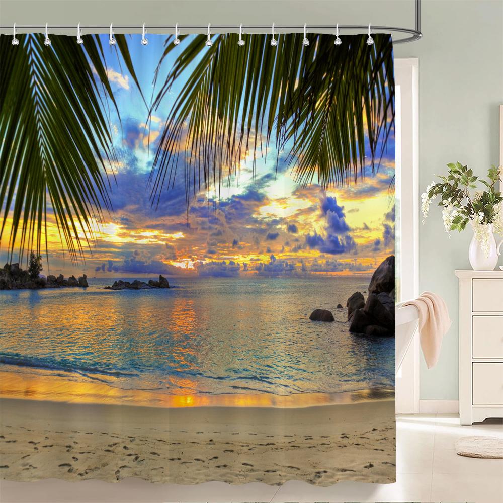 Bathroom Waterproof Shower Curtain Sunset Dusk Beach Scenery Seaside Printing Polyester Home Decoration Curtain With Hook
