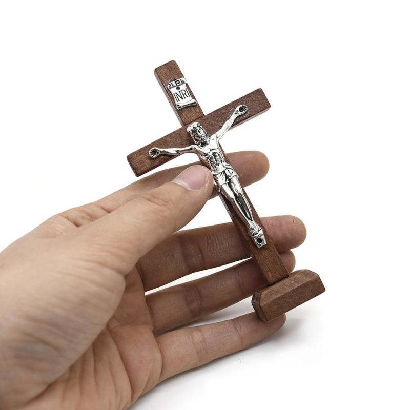 1Pc Wood Catholic Crosses Shelf Church Desktop Decoration Standing Crucifix Decors