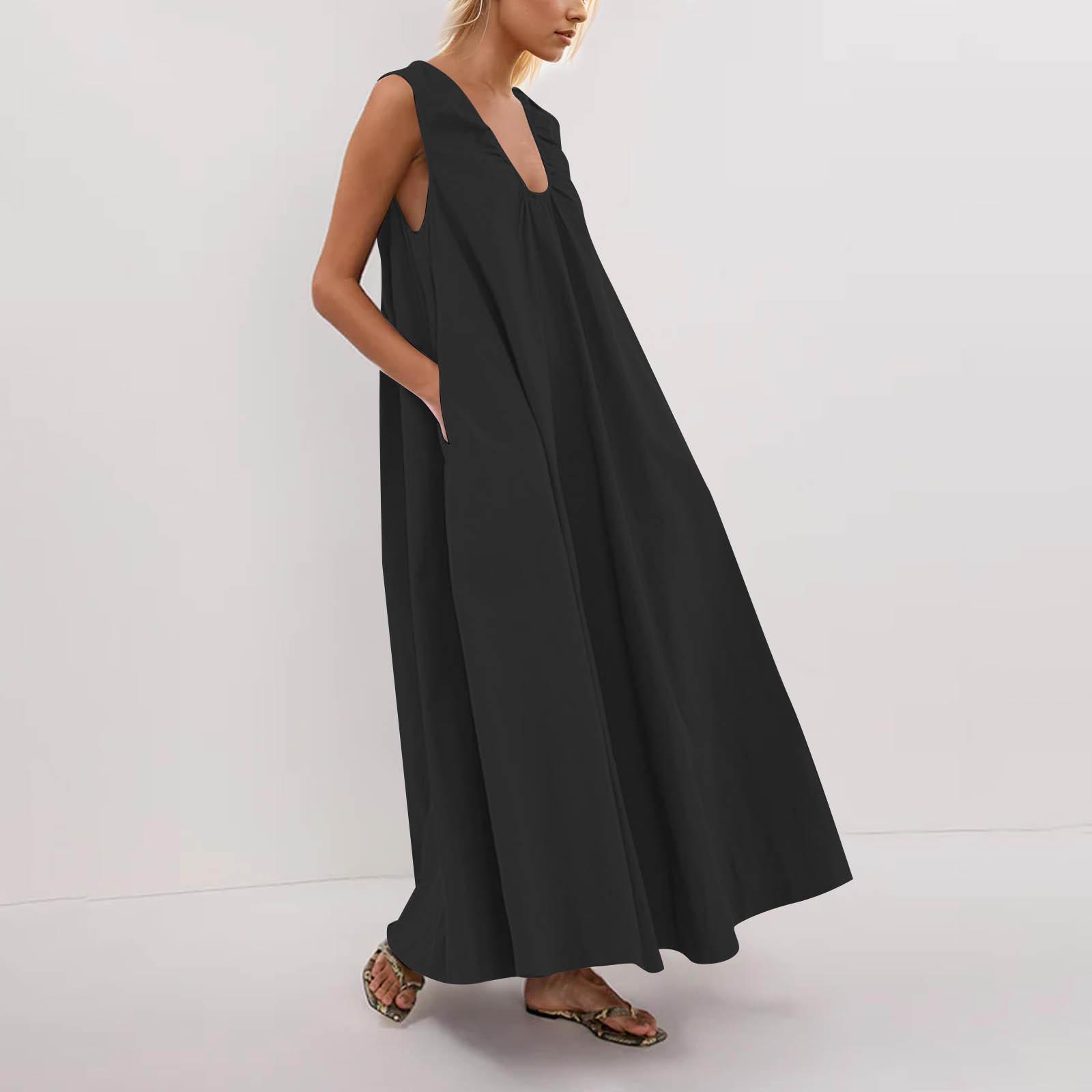 

women s Solid Color Gathered U‑Neck Sleeveless Wide Strap Loose A‑Line Maxi Dress Casual Summer Sundress S чёрный