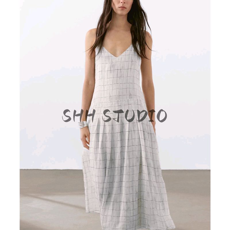MD Summer New Arrival Women's Clothing Island Vacation Style Gentle French Plaid Mid-Length Sling Dress 6606865