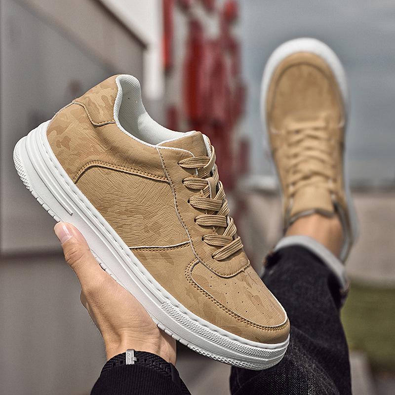 Men's Plus Size Autumn Height-Boost 6CM Leather Sneakers - Fashionable Casual White Shoes